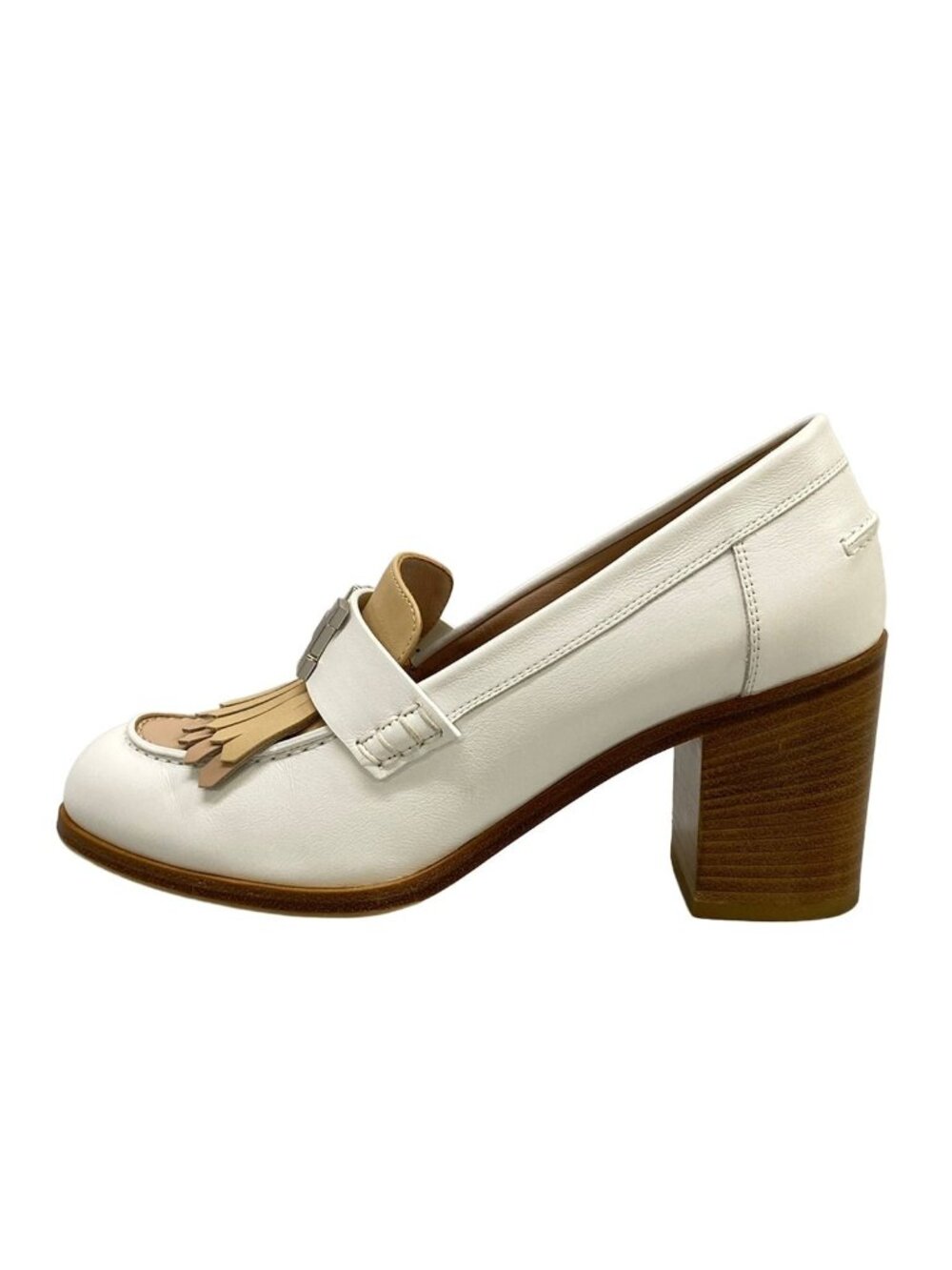 Hermes Pumps Elysee 70 White Beige Silver Fringe Heels Moccasin Leather
